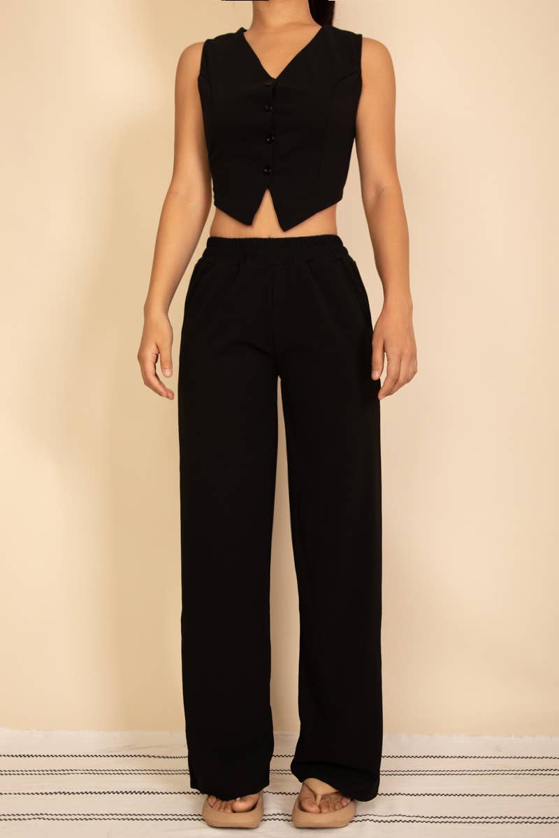 Button Vest with Adjustable Back Tie & Wide Leg Pants Sets