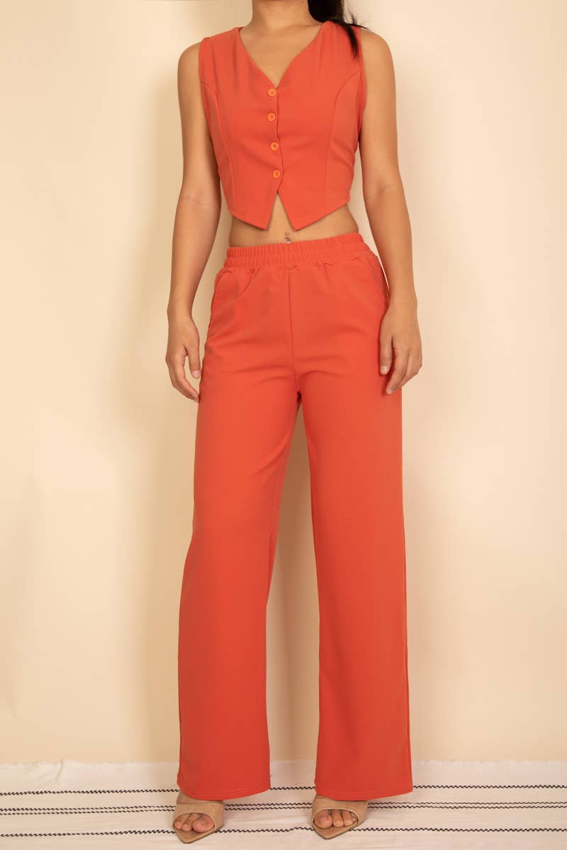 Button Vest with Adjustable Back Tie & Wide Leg Pants Sets