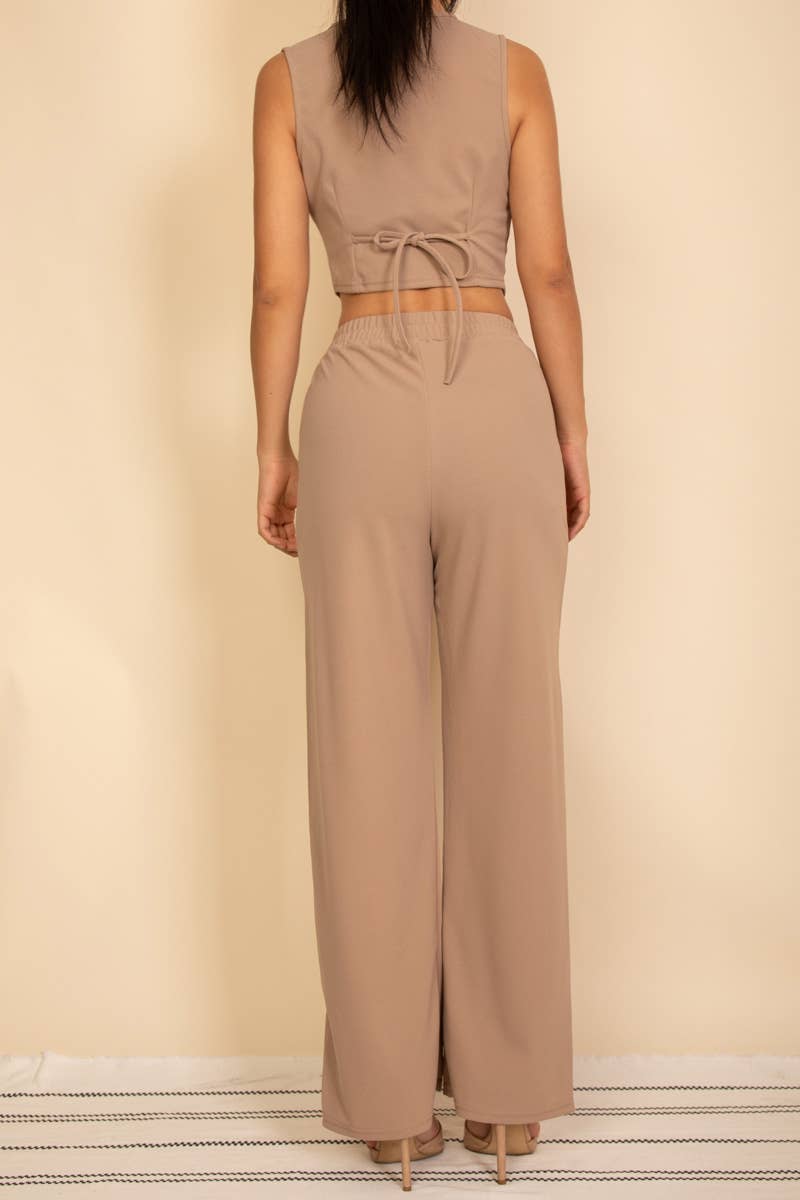 Button Vest with Adjustable Back Tie & Wide Leg Pants Sets