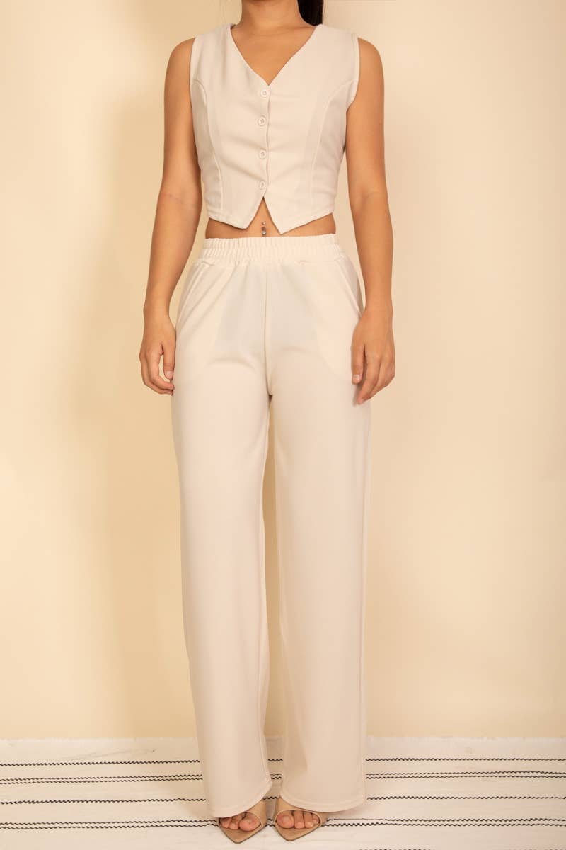 Button Vest with Adjustable Back Tie & Wide Leg Pants Sets