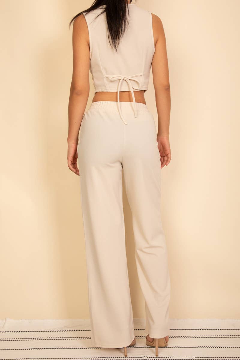 Button Vest with Adjustable Back Tie & Wide Leg Pants Sets