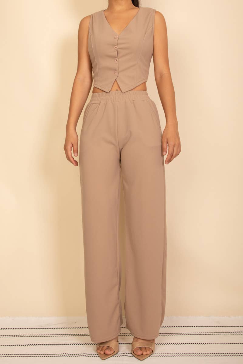 Button Vest with Adjustable Back Tie & Wide Leg Pants Sets