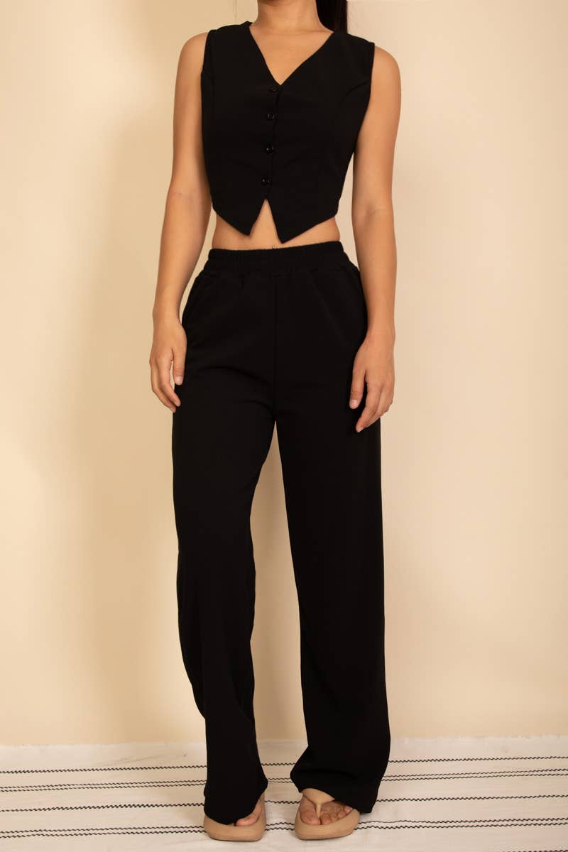 Button Vest with Adjustable Back Tie & Wide Leg Pants Sets