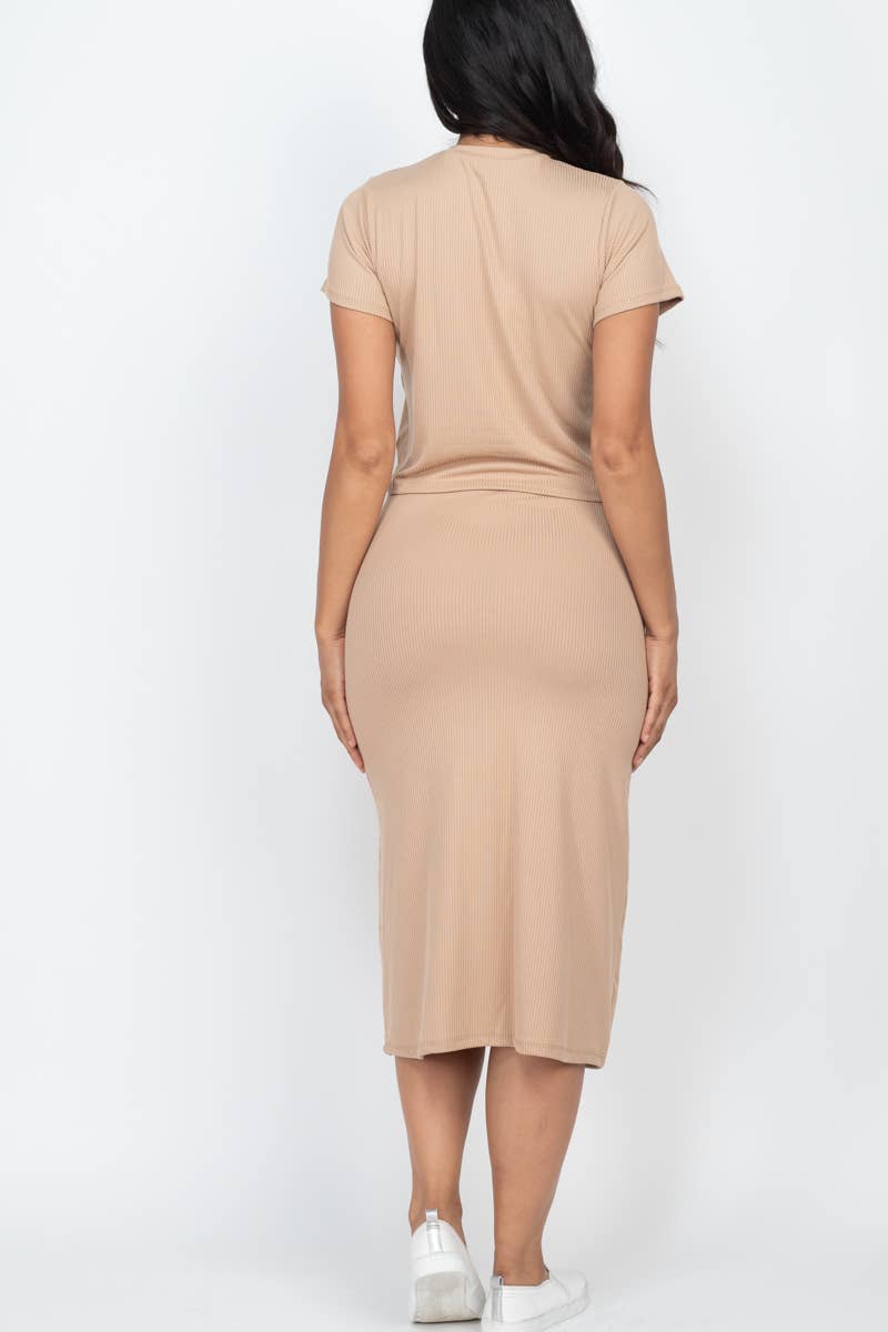 Short Sleeve Ribbed Top & Midi Skirt Set