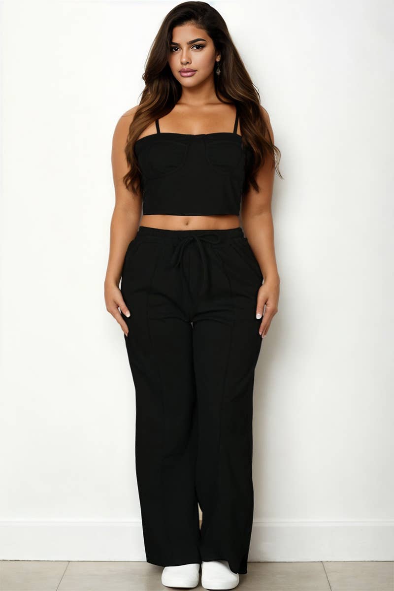 Plus Size Bustier Crop Cami Top & Slant Pocket Straight Pant