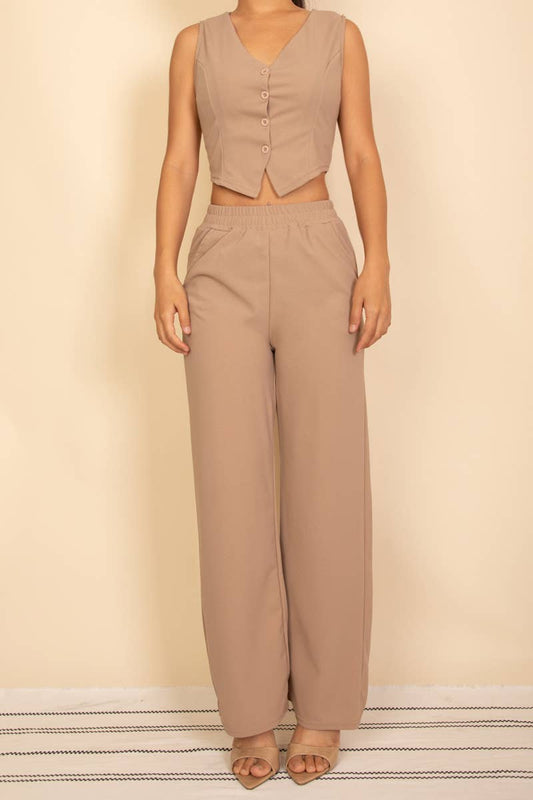 Button Vest with Adjustable Back Tie & Wide Leg Pants Sets